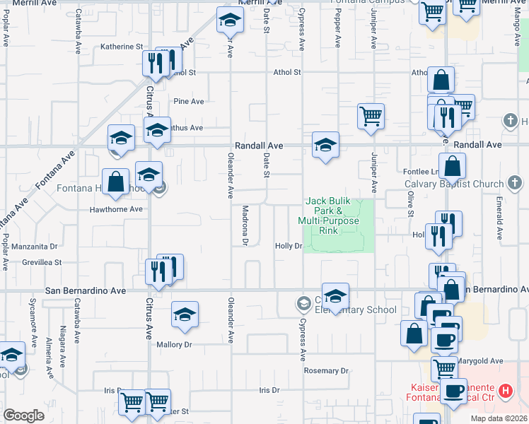 map of restaurants, bars, coffee shops, grocery stores, and more near 9485 Date Street in Fontana