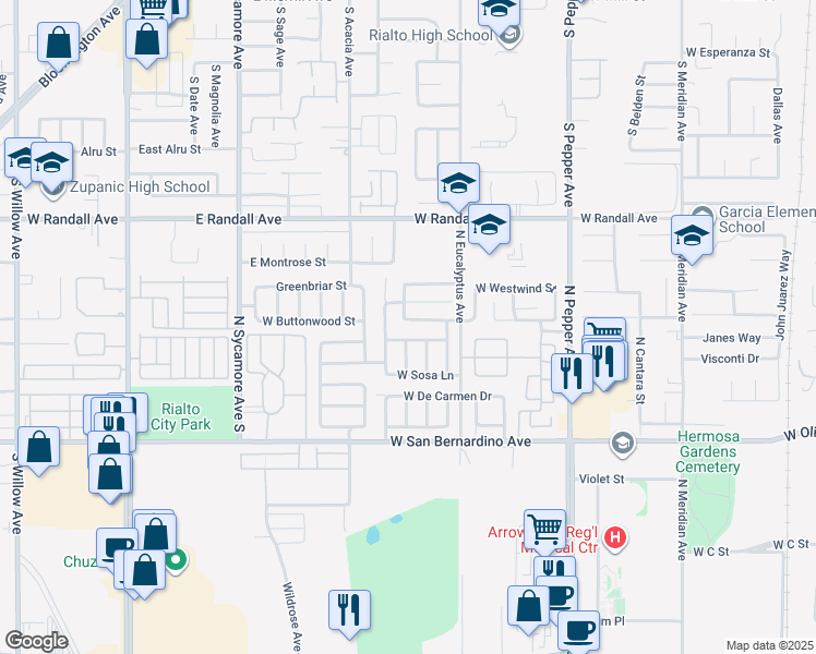 map of restaurants, bars, coffee shops, grocery stores, and more near 1988 West Admiralty Street in Colton