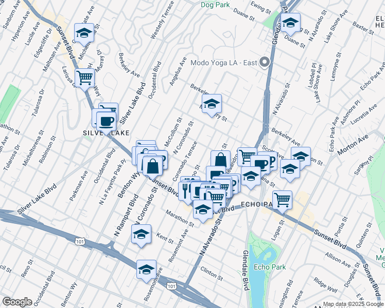 map of restaurants, bars, coffee shops, grocery stores, and more near 1326 Coronado Terrace in Los Angeles