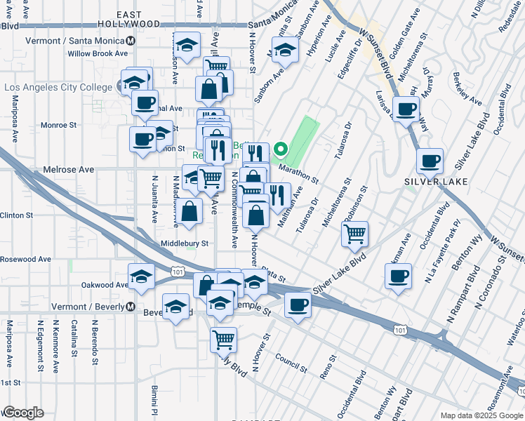 map of restaurants, bars, coffee shops, grocery stores, and more near 627 Imogen Avenue in Los Angeles