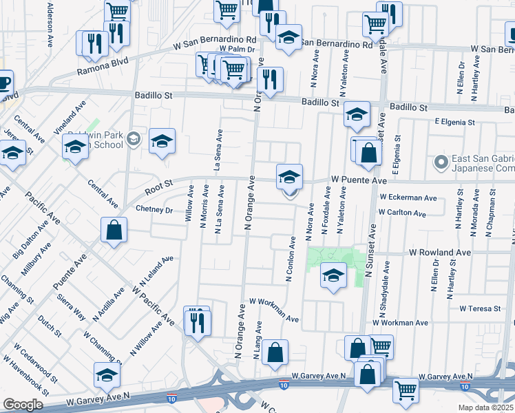 map of restaurants, bars, coffee shops, grocery stores, and more near 1708 West Eldred Avenue in West Covina
