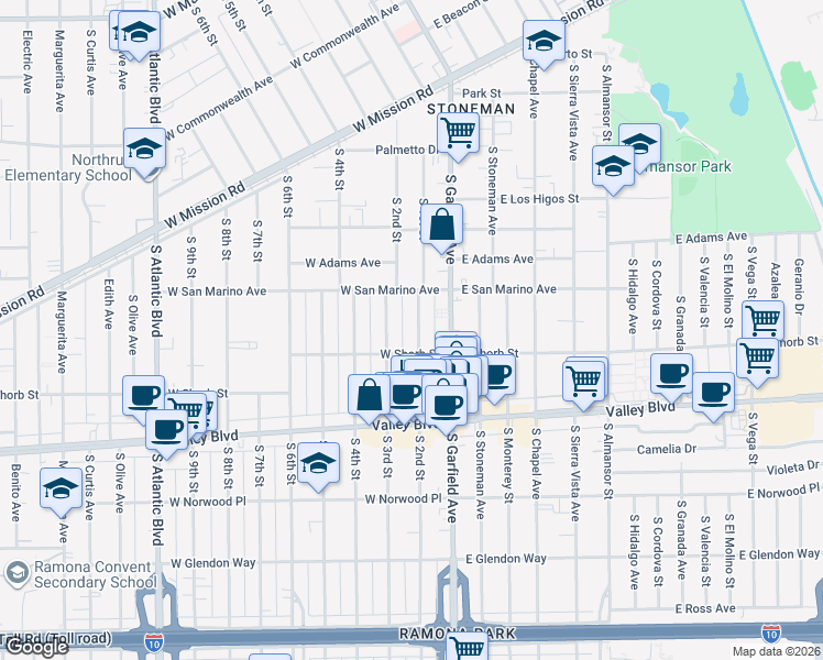 map of restaurants, bars, coffee shops, grocery stores, and more near 1132 South 3rd Street in Alhambra
