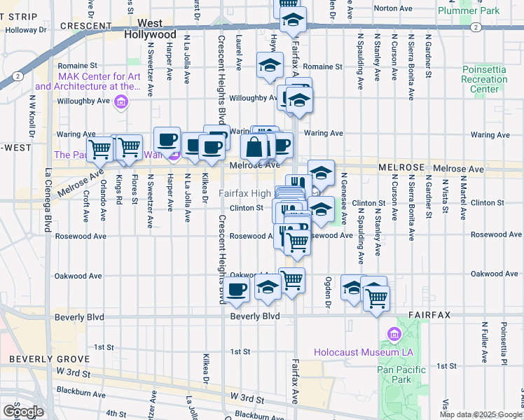 map of restaurants, bars, coffee shops, grocery stores, and more near 548 North Edinburgh Avenue in Los Angeles
