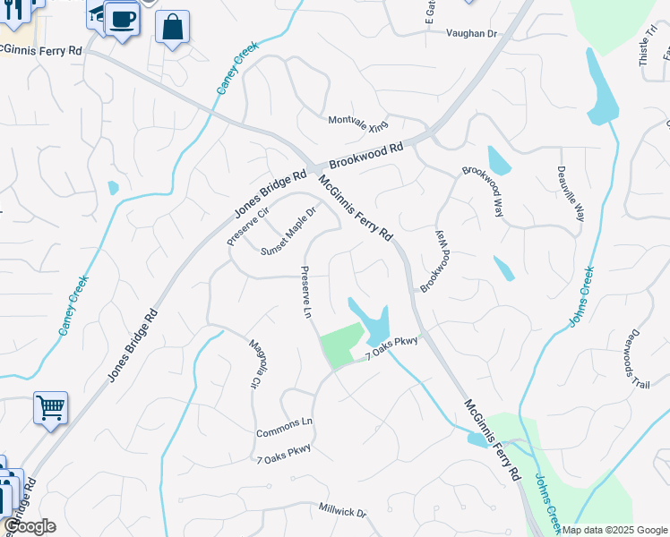 map of restaurants, bars, coffee shops, grocery stores, and more near 485 Brightmore Downs in Alpharetta