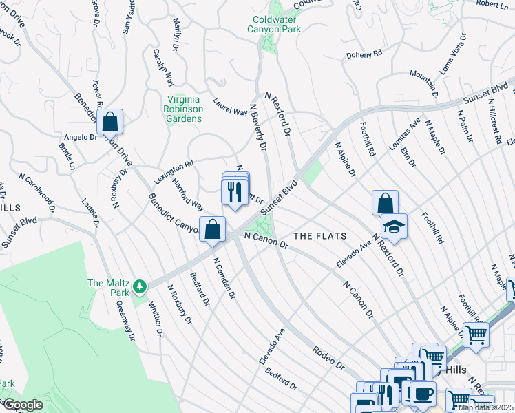 map of restaurants, bars, coffee shops, grocery stores, and more near 917 North Crescent Drive in Beverly Hills