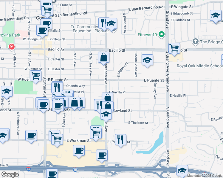 map of restaurants, bars, coffee shops, grocery stores, and more near 447 South Newton Street in Covina