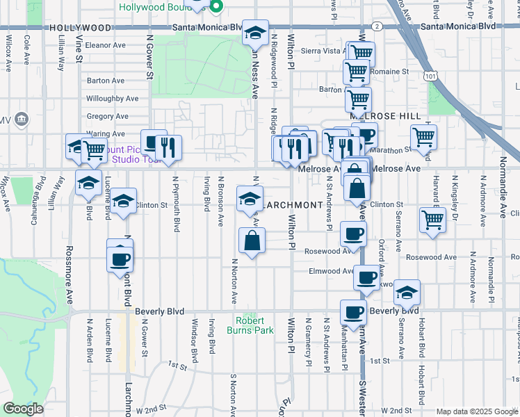 map of restaurants, bars, coffee shops, grocery stores, and more near 542 North Van Ness Avenue in Los Angeles