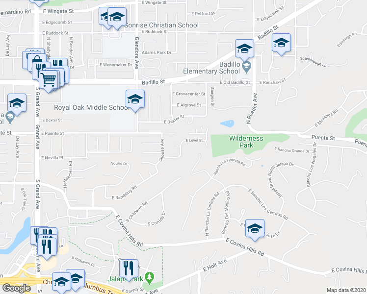map of restaurants, bars, coffee shops, grocery stores, and more near 444 Banna Avenue in Covina