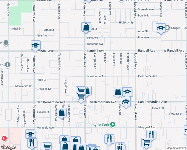 map of restaurants, bars, coffee shops, grocery stores, and more near 9492 Evergreen Lane in Fontana
