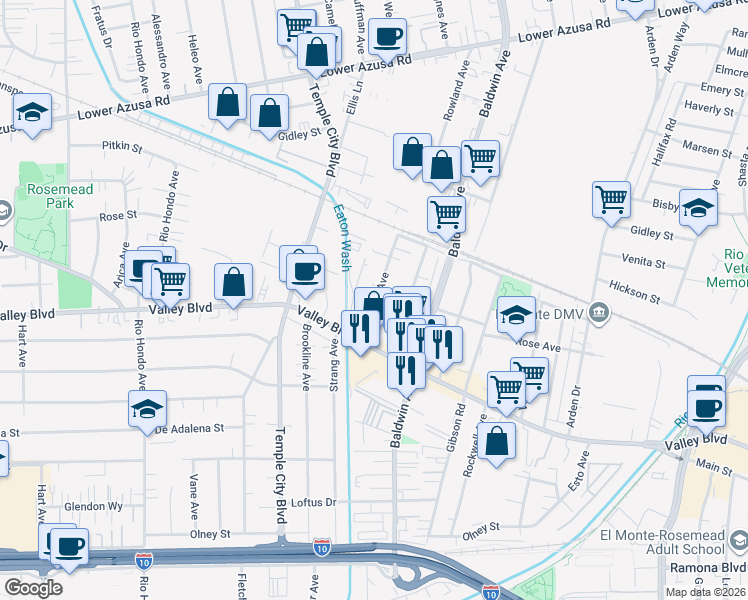 map of restaurants, bars, coffee shops, grocery stores, and more near 4017 1/2 Rowland Avenue in El Monte