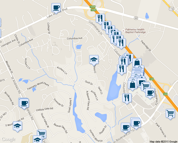 map of restaurants, bars, coffee shops, grocery stores, and more near 109 Crossbow Court in Columbia