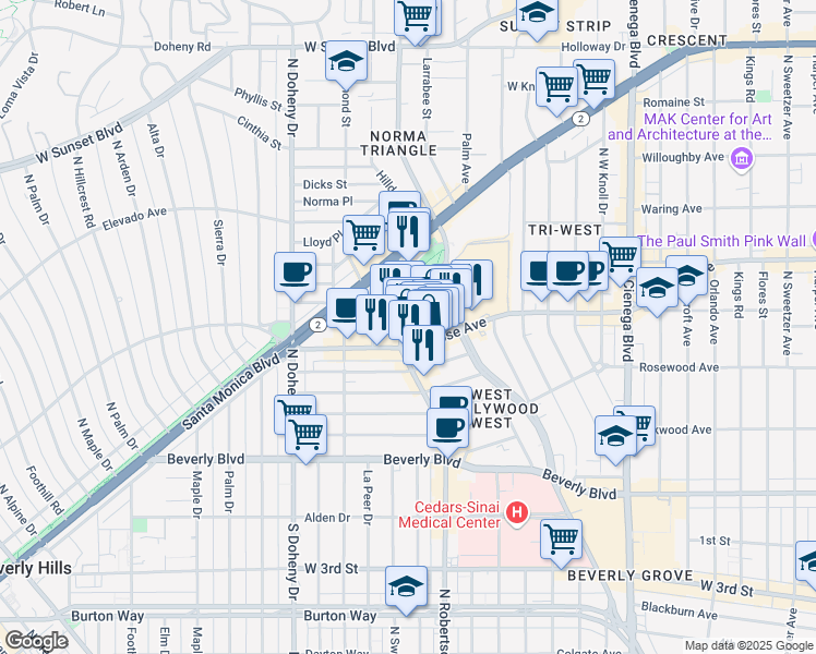 map of restaurants, bars, coffee shops, grocery stores, and more near 8750 El Tovar Place in West Hollywood