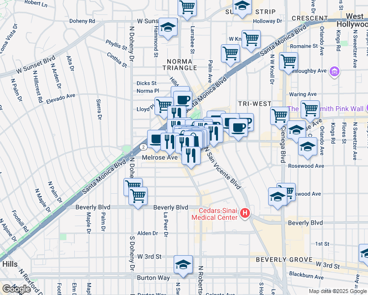map of restaurants, bars, coffee shops, grocery stores, and more near 8750 El Tovar Place in West Hollywood