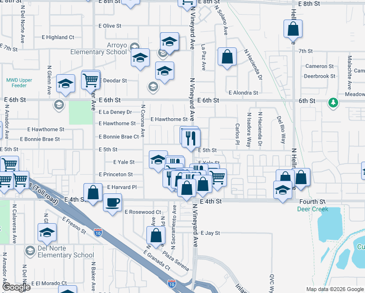 map of restaurants, bars, coffee shops, grocery stores, and more near 1862B East 5th Street in Ontario