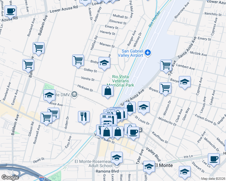 map of restaurants, bars, coffee shops, grocery stores, and more near 4217 Ranger Avenue in El Monte