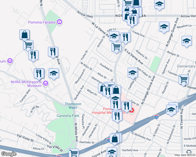 map of restaurants, bars, coffee shops, grocery stores, and more near 259 Sherwood Place in Pomona