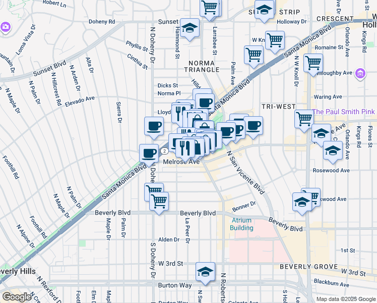 map of restaurants, bars, coffee shops, grocery stores, and more near 627 North La Peer Drive in West Hollywood