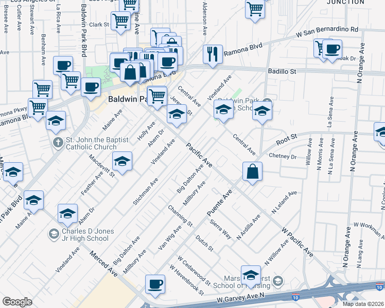 map of restaurants, bars, coffee shops, grocery stores, and more near 14710 Pacific Avenue in Baldwin Park