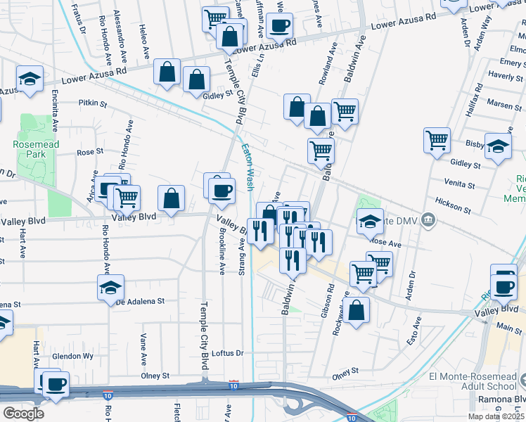 map of restaurants, bars, coffee shops, grocery stores, and more near 4013 Rowland Avenue in El Monte