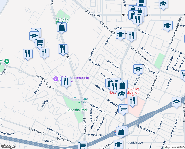map of restaurants, bars, coffee shops, grocery stores, and more near 1807 Berkeley Avenue in Pomona