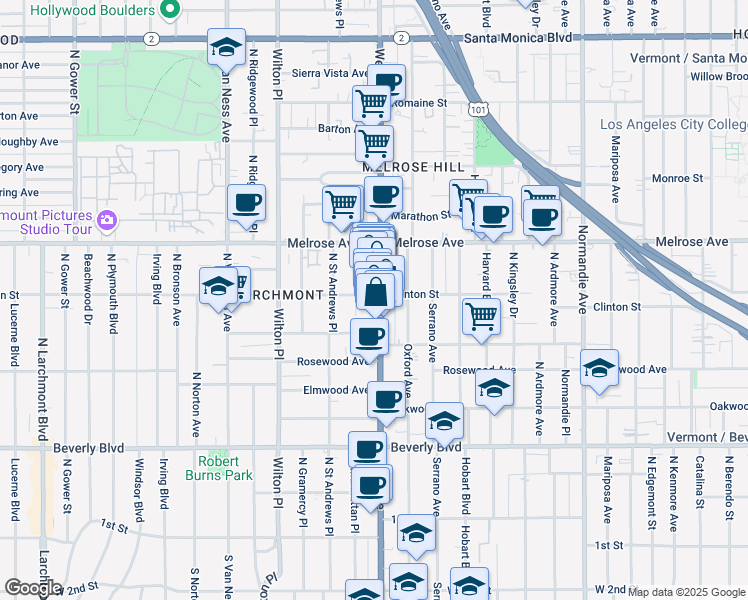 map of restaurants, bars, coffee shops, grocery stores, and more near 559 North Western Avenue in Los Angeles