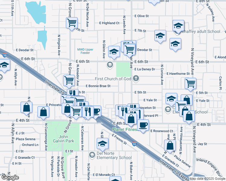 map of restaurants, bars, coffee shops, grocery stores, and more near 1505 East 5th Street in Ontario