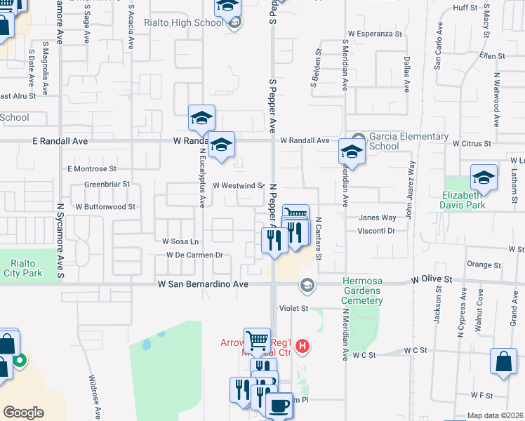 map of restaurants, bars, coffee shops, grocery stores, and more near 1650 West Admiralty Street in Colton