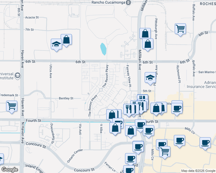 map of restaurants, bars, coffee shops, grocery stores, and more near 11004 Serenity Drive in Rancho Cucamonga