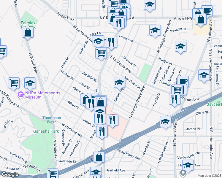 map of restaurants, bars, coffee shops, grocery stores, and more near 1985 Windsor Place in Pomona