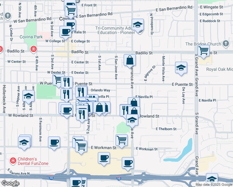 map of restaurants, bars, coffee shops, grocery stores, and more near 438 1/2 South San Jose Avenue in Covina