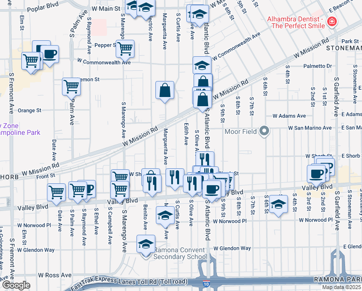map of restaurants, bars, coffee shops, grocery stores, and more near 921 Edith Avenue in Alhambra