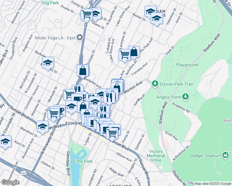 map of restaurants, bars, coffee shops, grocery stores, and more near 1624 Delta Street in Los Angeles