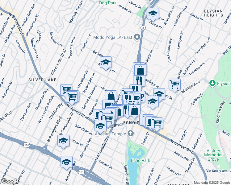 map of restaurants, bars, coffee shops, grocery stores, and more near 1411 Allesandro Street in Los Angeles
