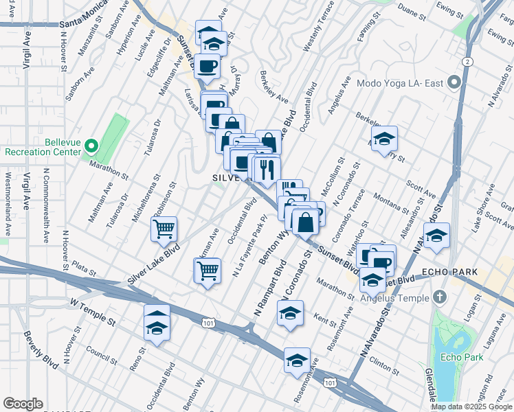 map of restaurants, bars, coffee shops, grocery stores, and more near 2798 Sunset Boulevard in Los Angeles