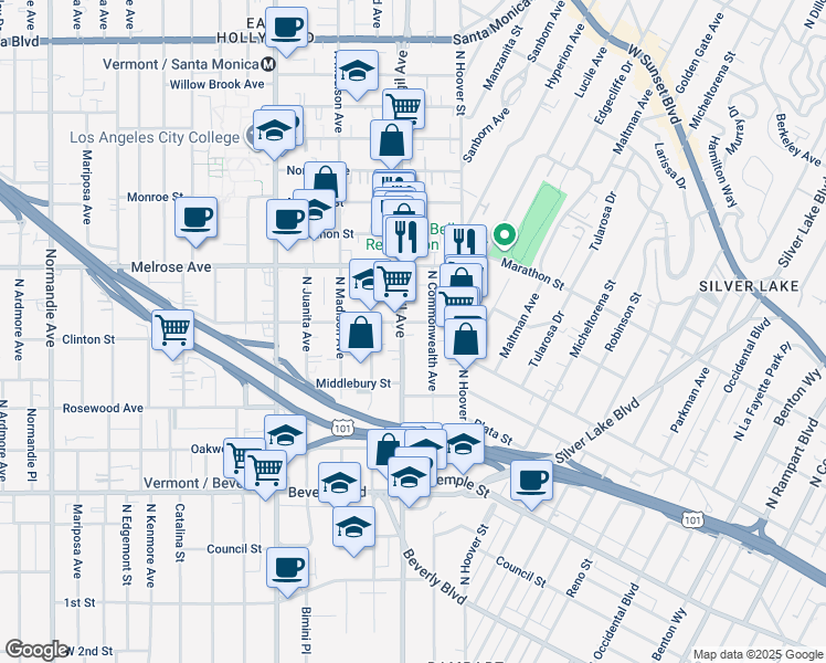map of restaurants, bars, coffee shops, grocery stores, and more near 565 North Virgil Avenue in Los Angeles