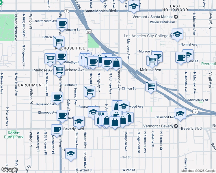 map of restaurants, bars, coffee shops, grocery stores, and more near 555 North Ardmore Avenue in Los Angeles