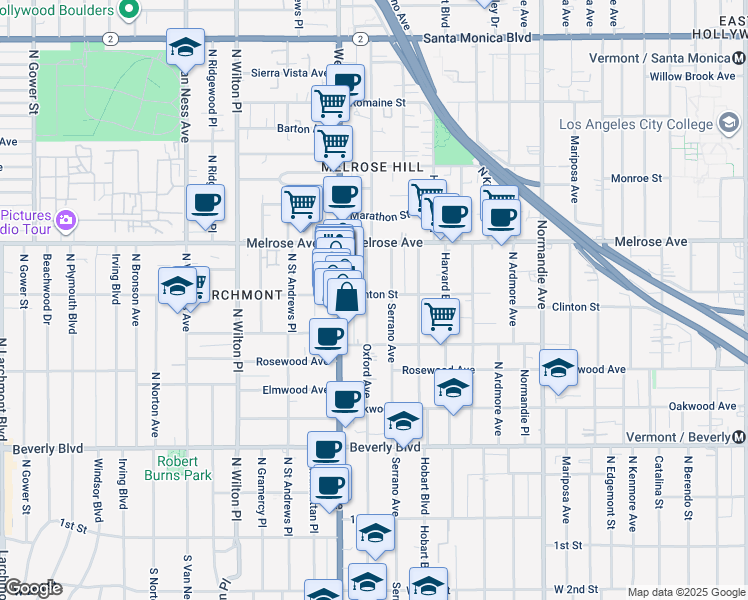 map of restaurants, bars, coffee shops, grocery stores, and more near 557 North Oxford Avenue in Los Angeles