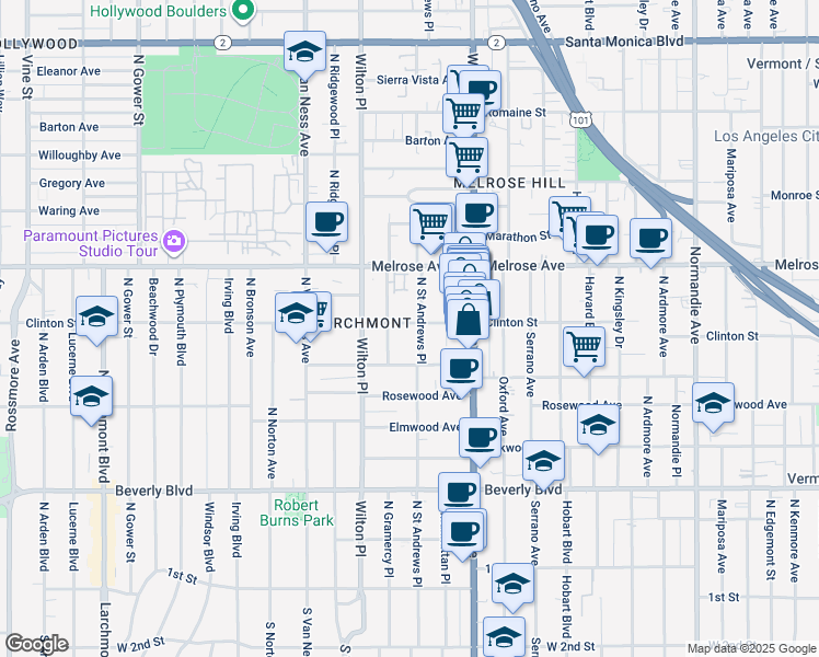 map of restaurants, bars, coffee shops, grocery stores, and more near 540 Saint Andrews Place in Los Angeles
