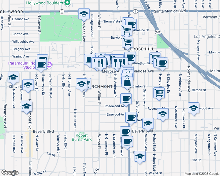 map of restaurants, bars, coffee shops, grocery stores, and more near 540 North Gramercy Place in Los Angeles
