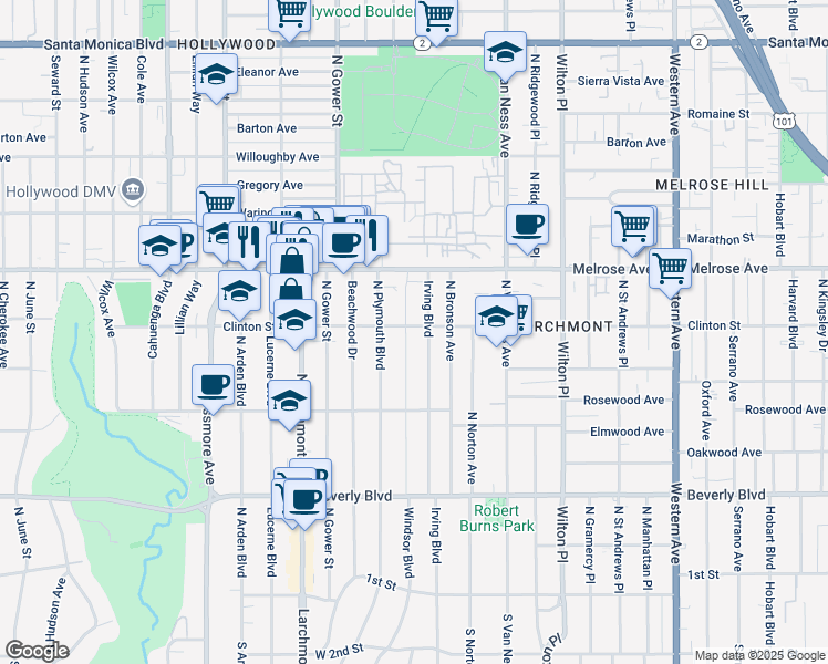map of restaurants, bars, coffee shops, grocery stores, and more near 5402 Clinton Street in Los Angeles