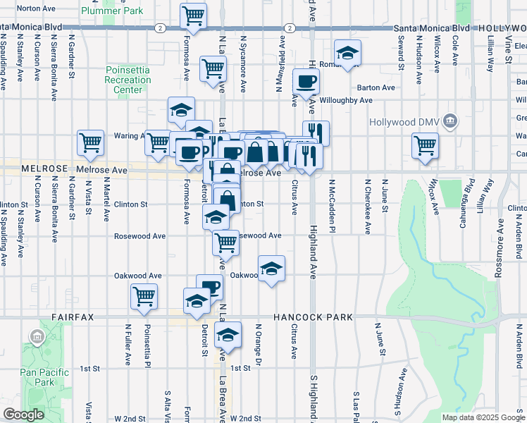 map of restaurants, bars, coffee shops, grocery stores, and more near 543 North Mansfield Avenue in Los Angeles
