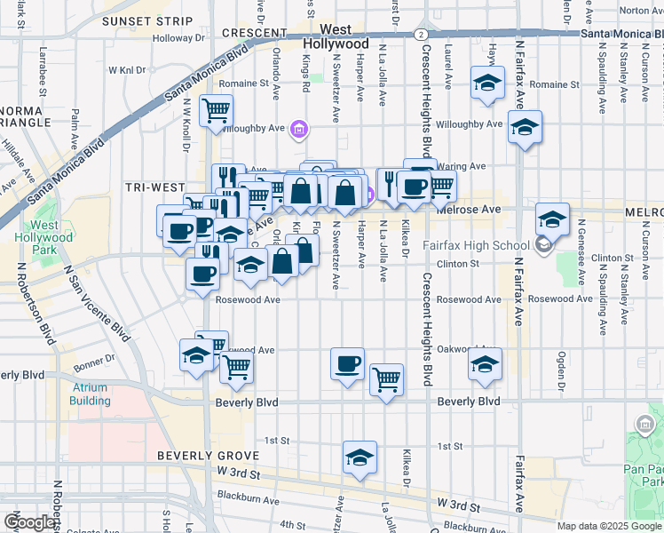 map of restaurants, bars, coffee shops, grocery stores, and more near 546 North Flores Street in West Hollywood