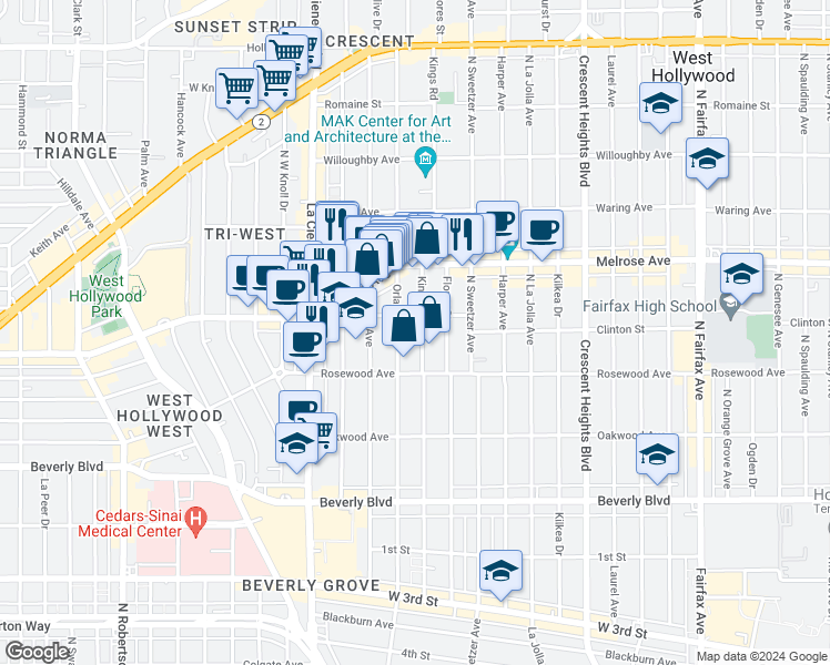 map of restaurants, bars, coffee shops, grocery stores, and more near 547 Kings Road in West Hollywood