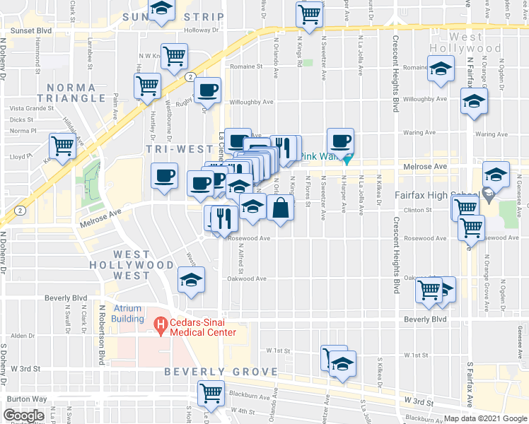 map of restaurants, bars, coffee shops, grocery stores, and more near 548 North Croft Avenue in West Hollywood