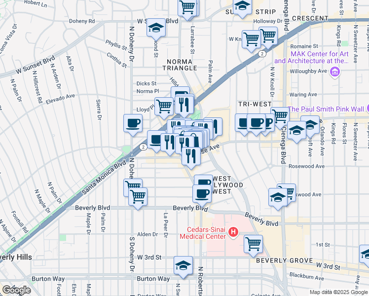 map of restaurants, bars, coffee shops, grocery stores, and more near 8739 Melrose Avenue in West Hollywood