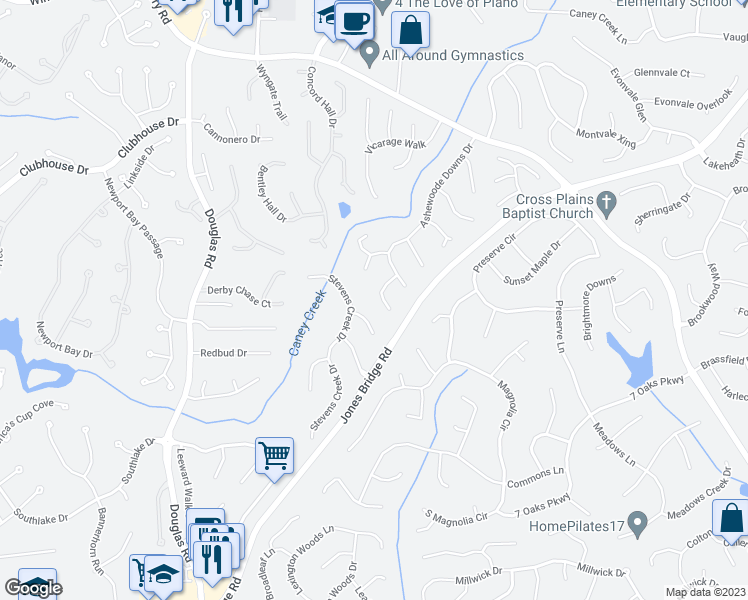 map of restaurants, bars, coffee shops, grocery stores, and more near 450 Eastbourne Way in Alpharetta
