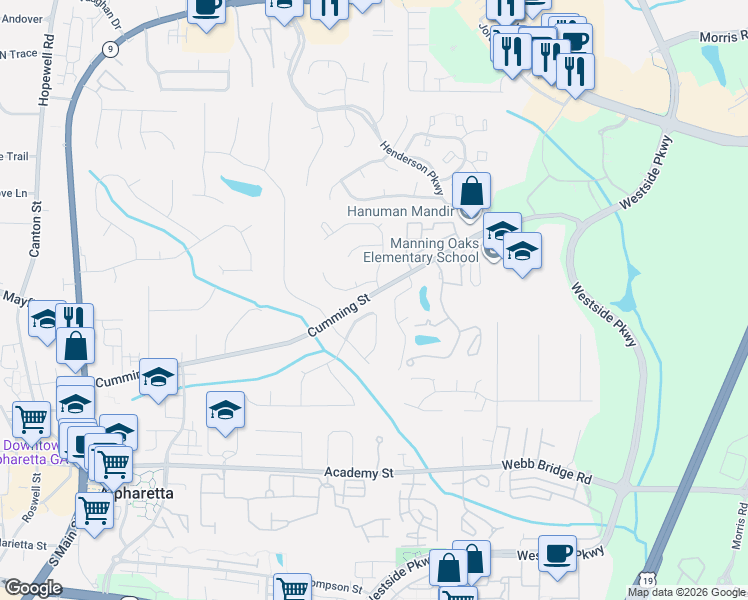 map of restaurants, bars, coffee shops, grocery stores, and more near 12185 Clairmonte Avenue in Alpharetta