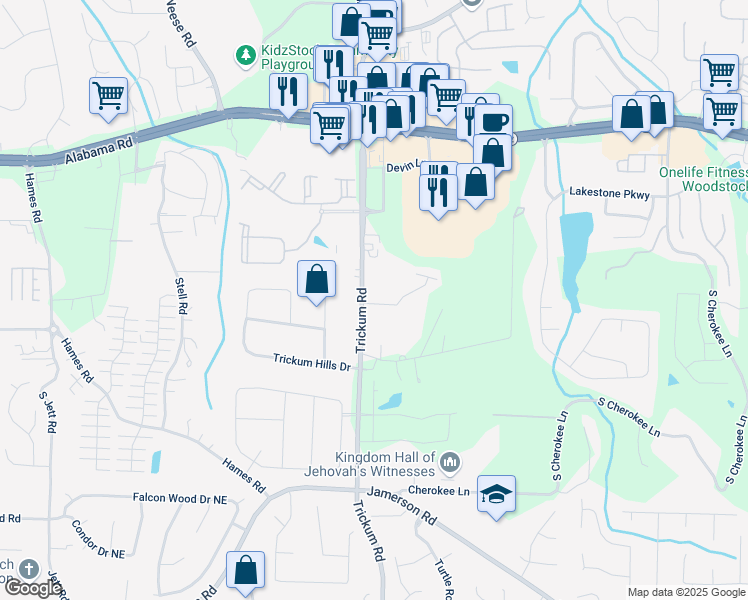 map of restaurants, bars, coffee shops, grocery stores, and more near 109 Camden Park Dr in Woodstock
