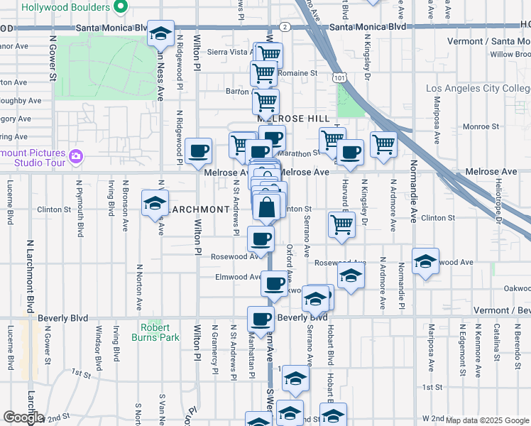 map of restaurants, bars, coffee shops, grocery stores, and more near 559 North Western Avenue in Los Angeles