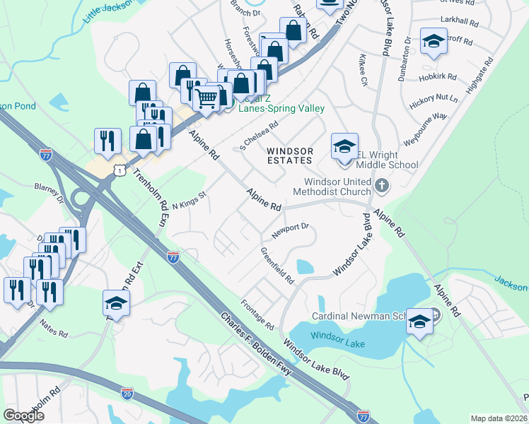 map of restaurants, bars, coffee shops, grocery stores, and more near 2517 Alpine Road in Columbia